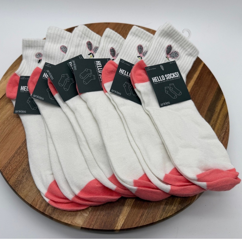 Hello Socks 6 Pair Size 4-10 Tennis Racket Embroidered Ankle Socks Cream Pink